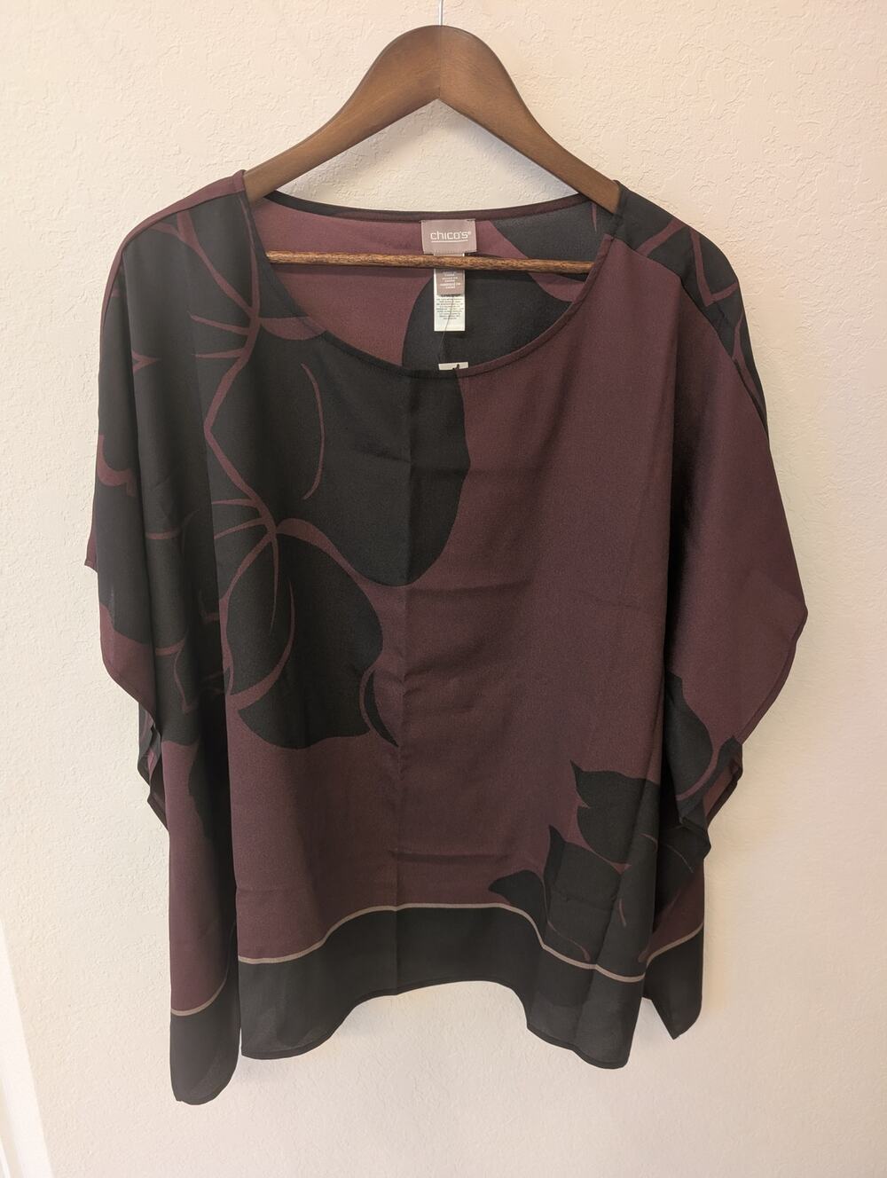 NWT Y2K Chico's Plum & Black Floral Print Blouse Sz L/XL